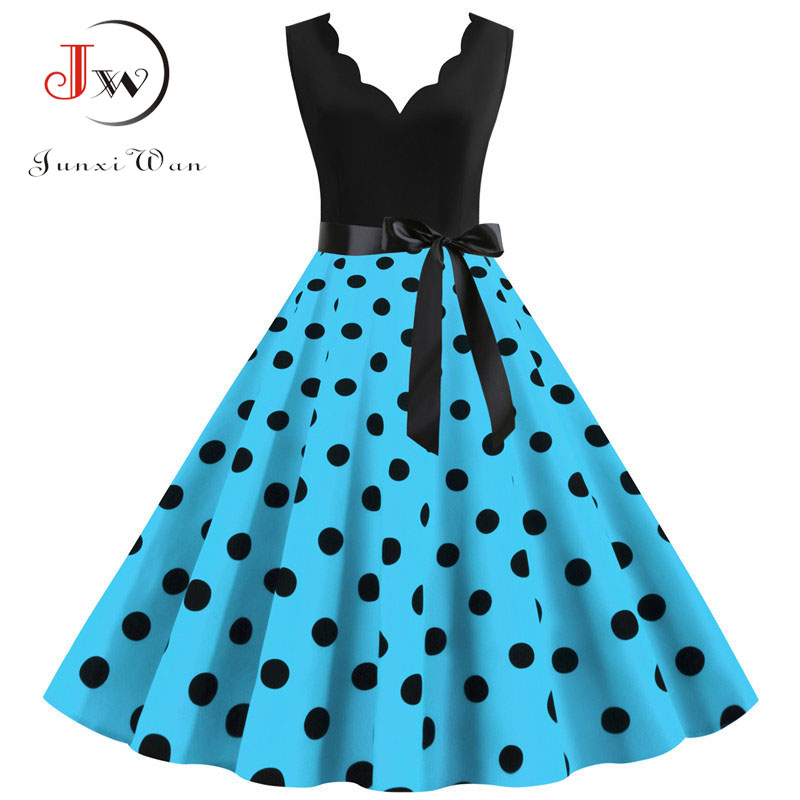 Vintage Women Summer Dress Party Dresses Casual Robe Midi Print Sleeveless V Neck Elegant Polka Dot Patchwork Black alx