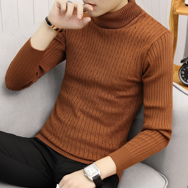 Winter Men Solid Color Turtleneck Sweater Tight Pullover Men Korean Striped Slim Fit Knittwear Warm Knit Sweater Bottoming Shirt alx