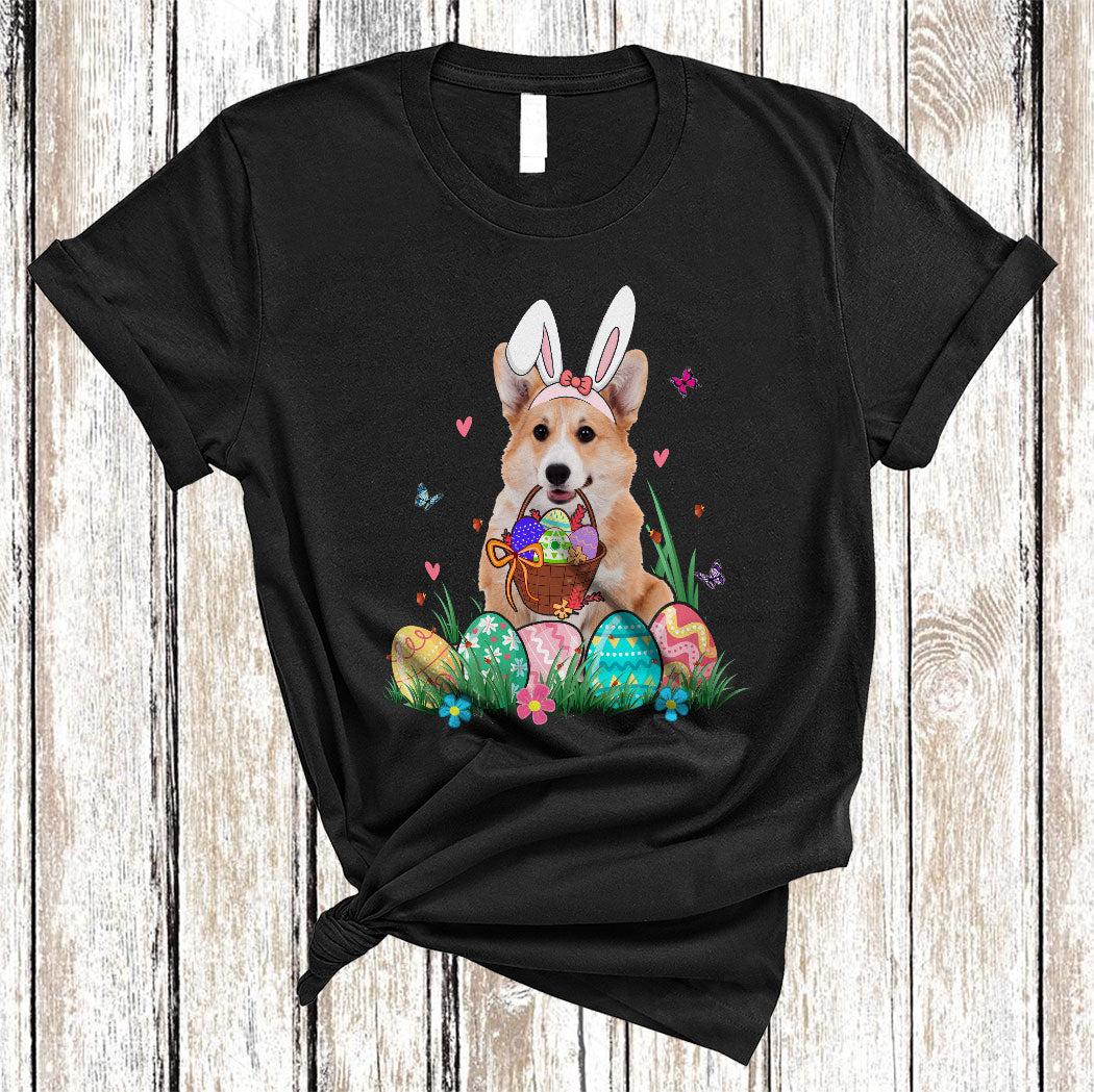 Bunny Corgi With Easter Egg Basket Funny Easter Day Flower Egg Hunt Dog Lover Gifts T-Shirt