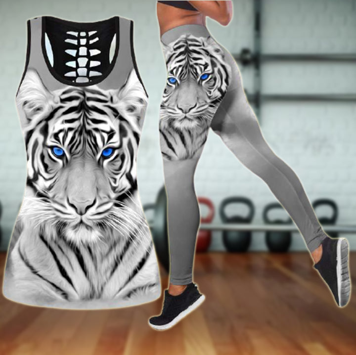 3D White Tiger Combo Hollow Tank & Legging Outfit 131