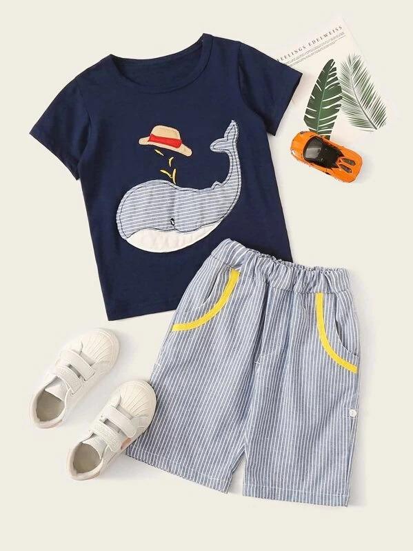 Toddler Boys Whale Patched Tee With Striped Shorts