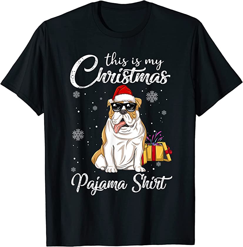 Cute Bulldog Puppy Wearing Christmas Hat Holiday T-Shirt