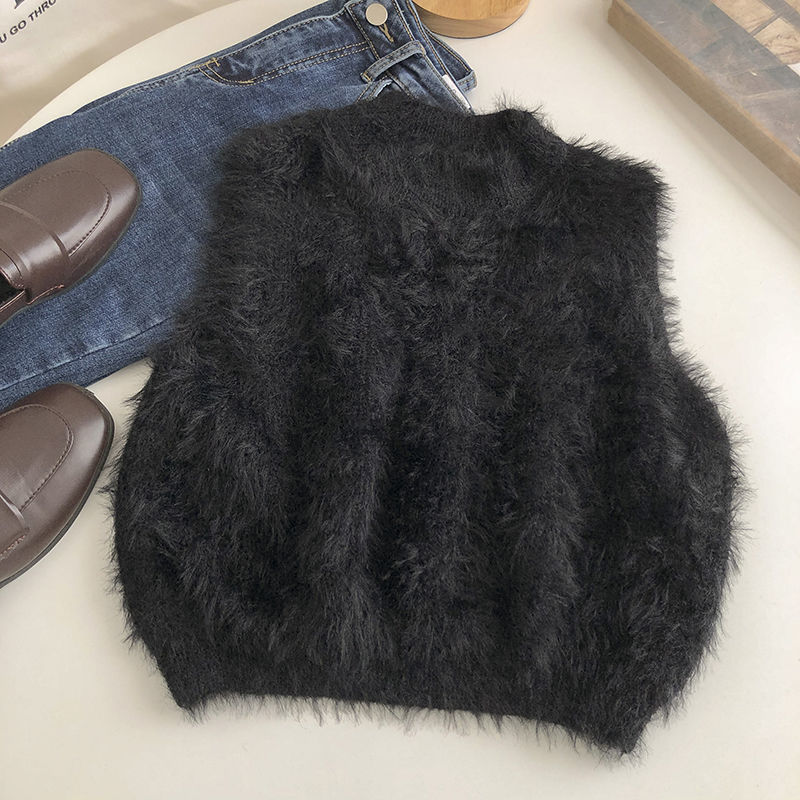 Women Furry Sweater Vest Solid Autumn Sleeveless Tank Tops O-neck 3 Colors Basis Black Female Retro Pullover Jumpers Crop Tops alx