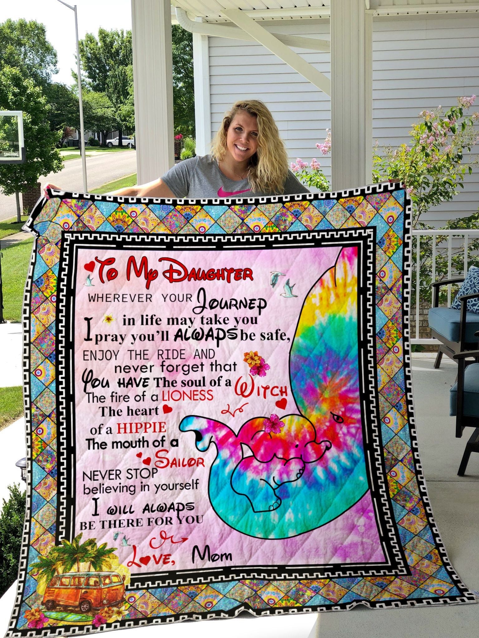 Personalized Tie Dye Elephant To My Daughter From Mom I Pray You’Ll Always Be Safe Quilt Blanket Great Customized Gifts For Birthday Christmas Thanksgiving Perfect Gifts For Elephant Lover