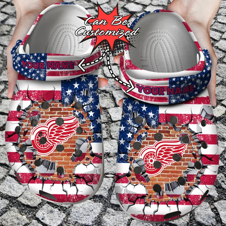 Hockey Crocss – Personalized D.Red Wings American Flag Breaking Wall Clog Shoes