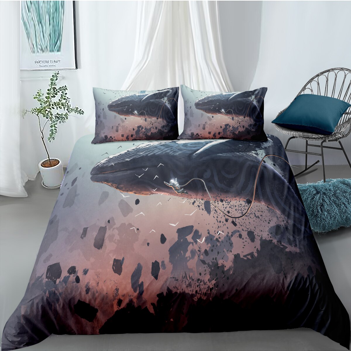 Sea Whale Duvet Cover Set Marine Life Bedding Set Ocean 3D Printed Cover Pillowcase Queen King Bedclothes