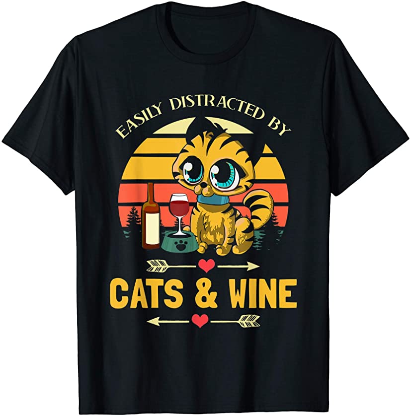 Easily Distracted By Cats And Wine Kitten Cat Lover Vintage T-Shirt