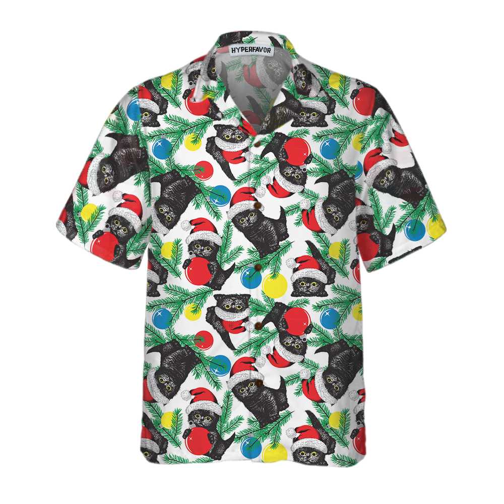 Black Kitten Wearing Santa Hat Hawaiian Shirt, Funny Christmas Cat Shirt