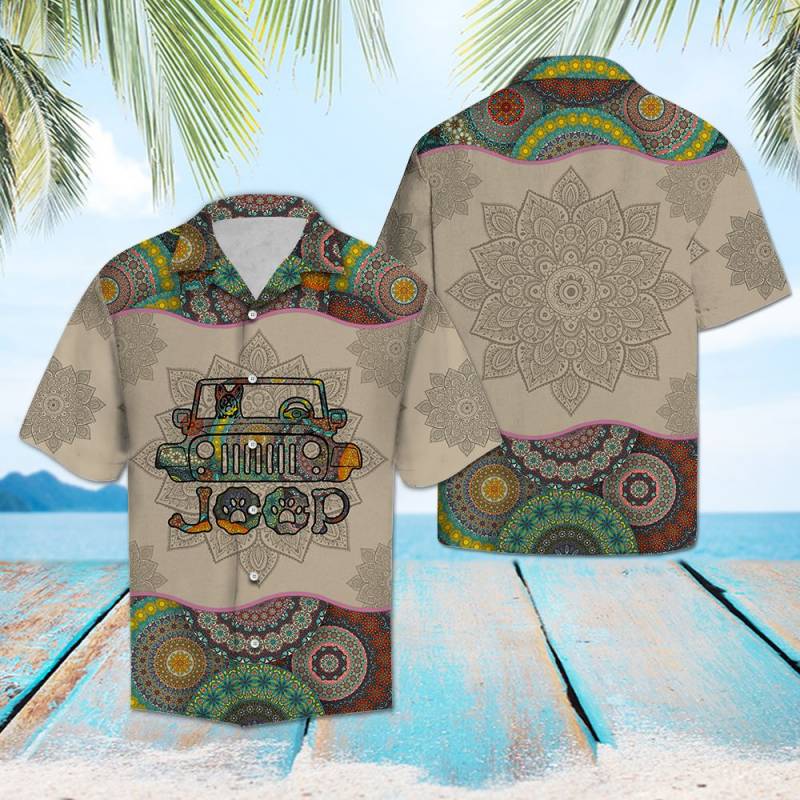 German Shepherd Riding On Jeep Mandala Hawaiian Shirt Ha70966