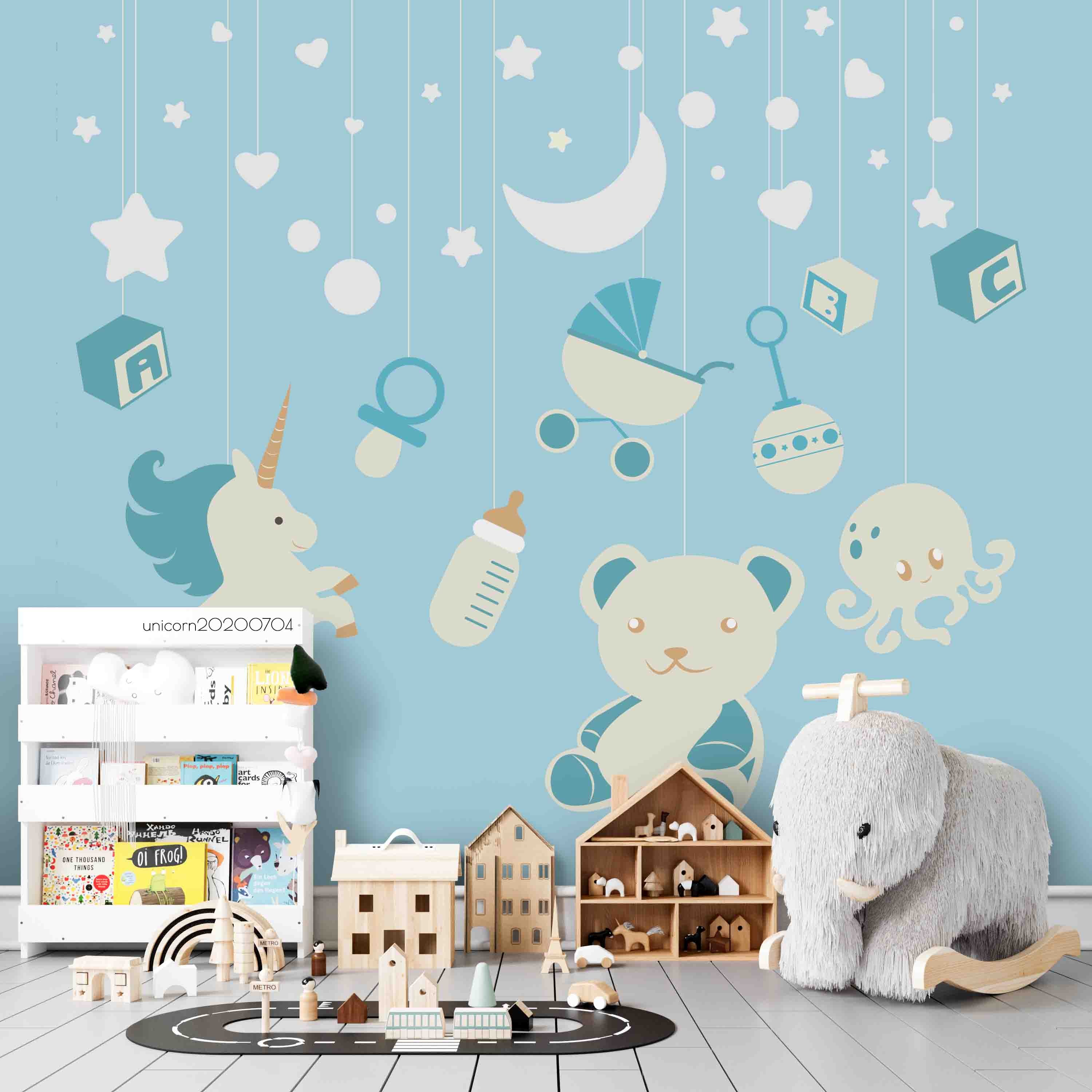 3D Cartoon Baby Animal Blue Night Wall Mural Wallpaper Lxl 215