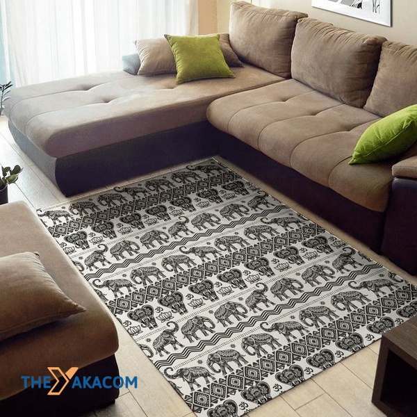 White And Black Indian Elephant Patterns Rectangle Area Rug Floor Decor