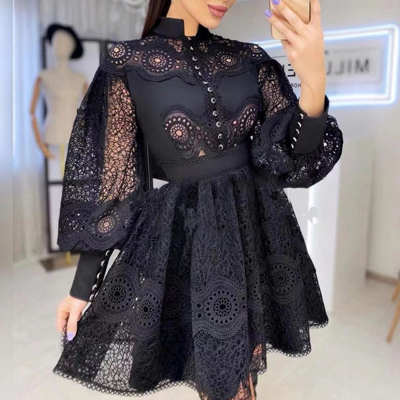 Stand Collar Puff Sleeves Lace Hollow Waist Dress 2022 Summer New Embroidered Retro Court Style A-line Skirt Free Shipping alx