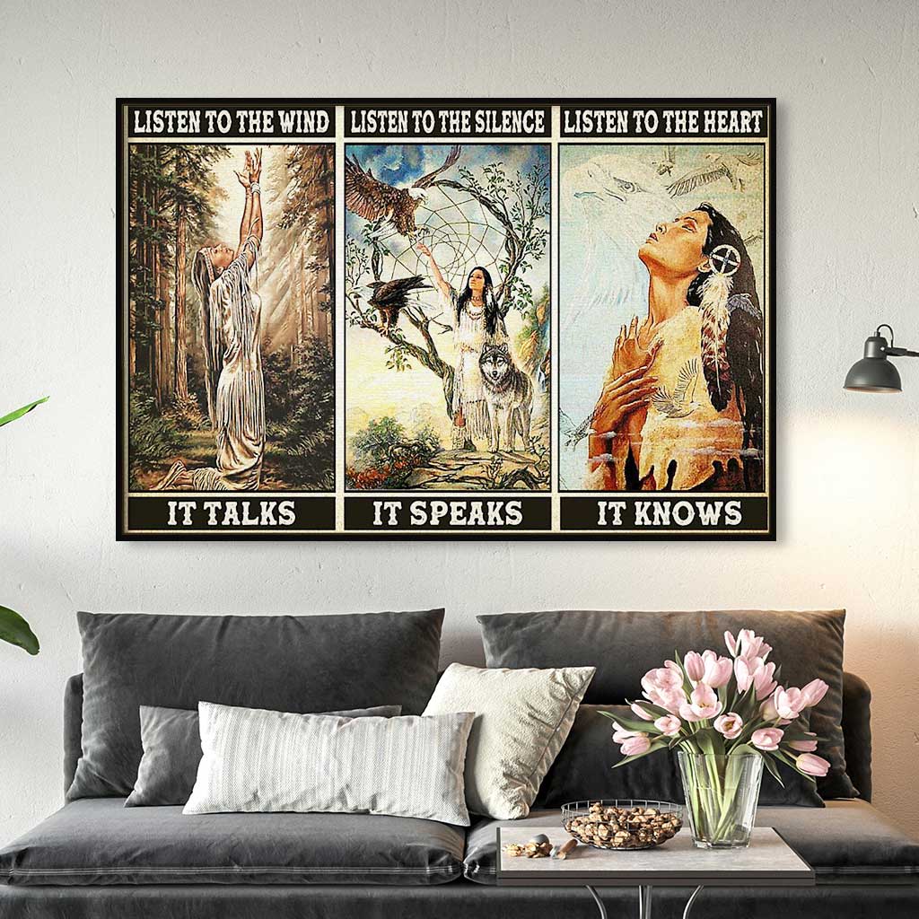 VticStore™ Hear The Wild, The Wind, The Heart – Native American Horizontal Wall Art Frame Canvas – Best home decor ideas, unique gifts