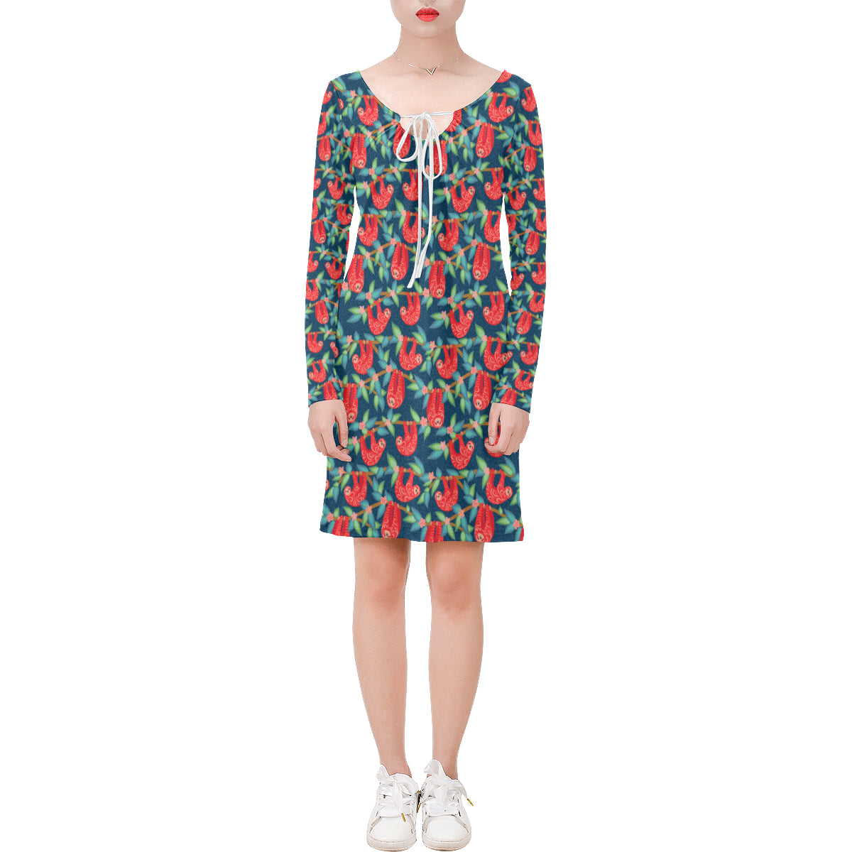 Sloth Red Design Themed Print Long Sleeves Dress