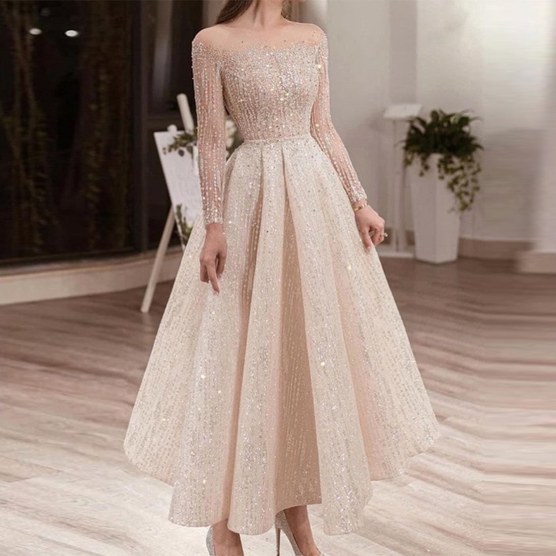 2022 New arrival summer fashion sexy slim fit sequins evening dress solid color long sleeved elegant mid dress ladies for party alx