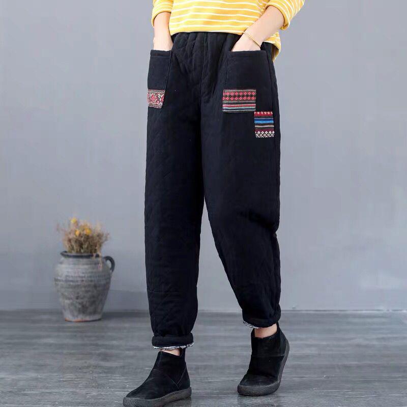 Autumn Winter New Arts Style Women Elastic Waist Harem Pants Quilted Thicken Warm Casual Pants Loose Vintage Trousers S527 alx