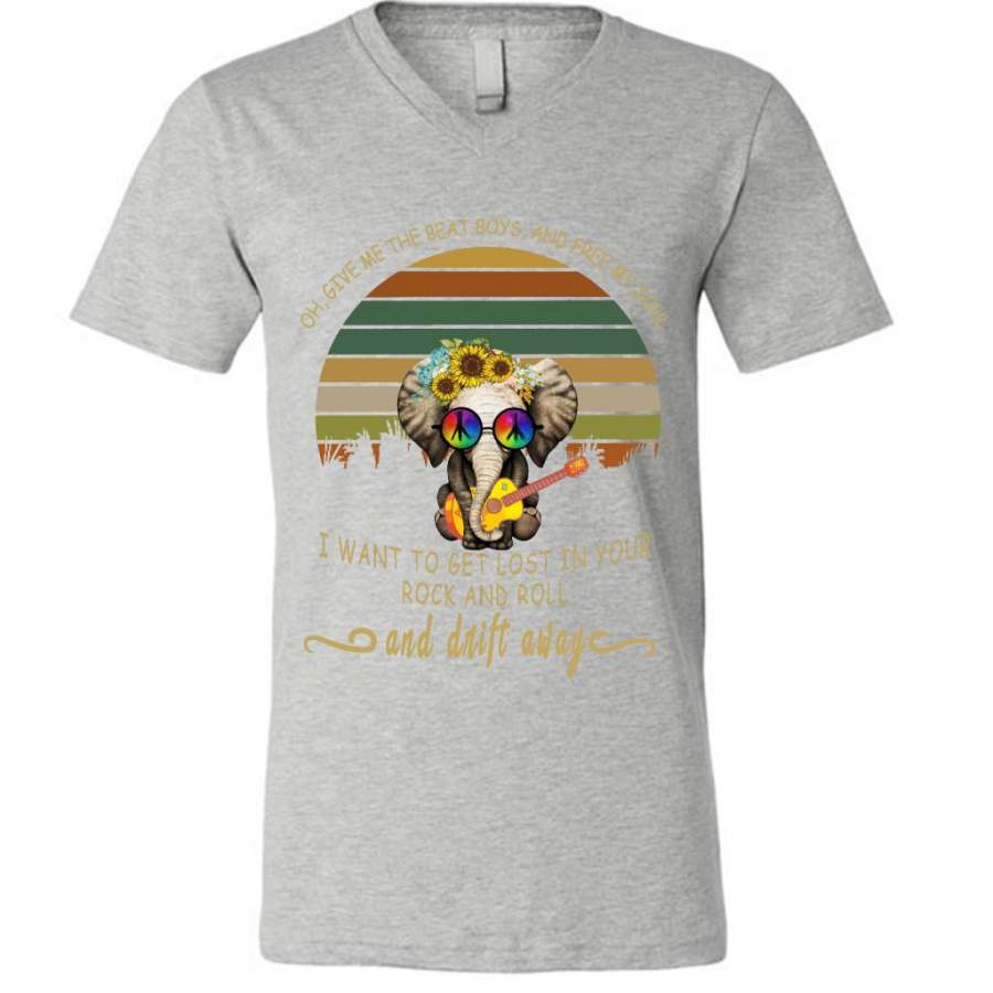 Oh, Give Me The Beat Boys, And Free My Soul I Want To Get Lost In Your Rock And Roll And Drift Away, Peace Sign, Elephant Classic Floral Design – Canvas Unisex V-Neck Shirt