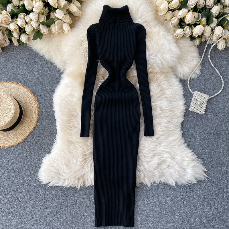 Sweater Dress 2022 Winter Turtleneck Warm Long Sleeve Knit Dress Korean Fashion Casual Solid Women Midi Bodycon Dress alx