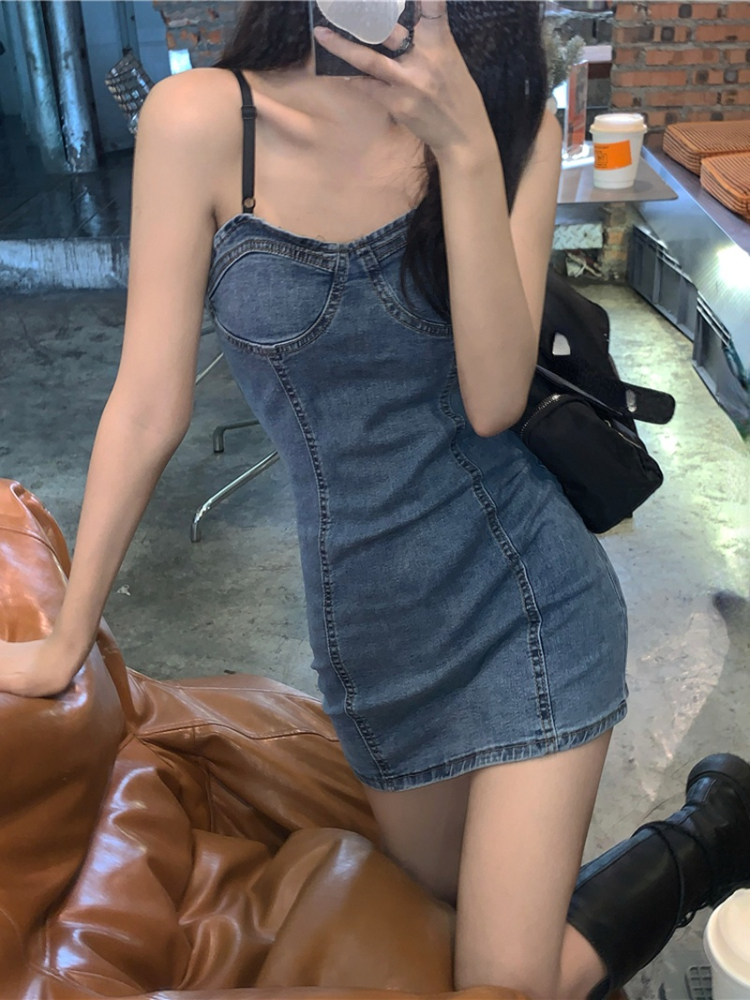 2022 Summer Vintage Sleeveless Denim Dress Woman Bodycon Sexy One Piece Dress Korean Fashion Party Elegant Y2k Mini Dress Jean alx