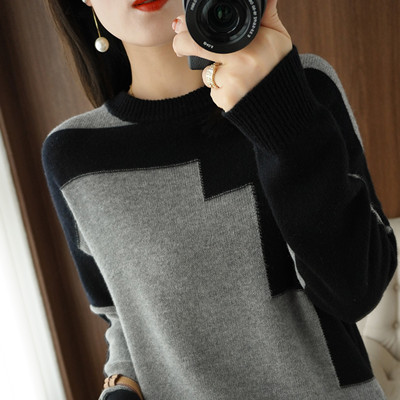 Women’s round neck sweater black and white stitching cashmere sweater 21 autumn and winter warm sweater pullover alx