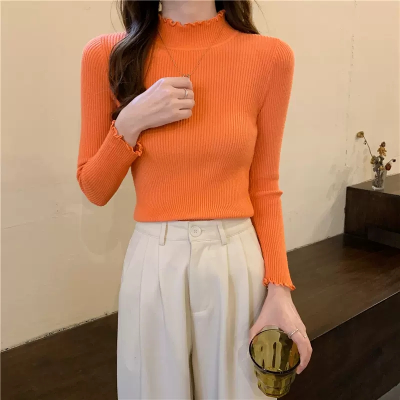 2022 Fall Winter Ruffles Sweater Turtleneck Ruched Women Sweaters High Elastic Solid Female Slim Sexy Knitted Pullovers Top alx