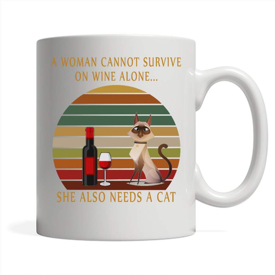 A Woman Cannot Survive On Wine Alone She Also needs A Cat, Cat and Wine Lover, Classic Vintage Retro Design – Full-Wrap Coffee White Mug