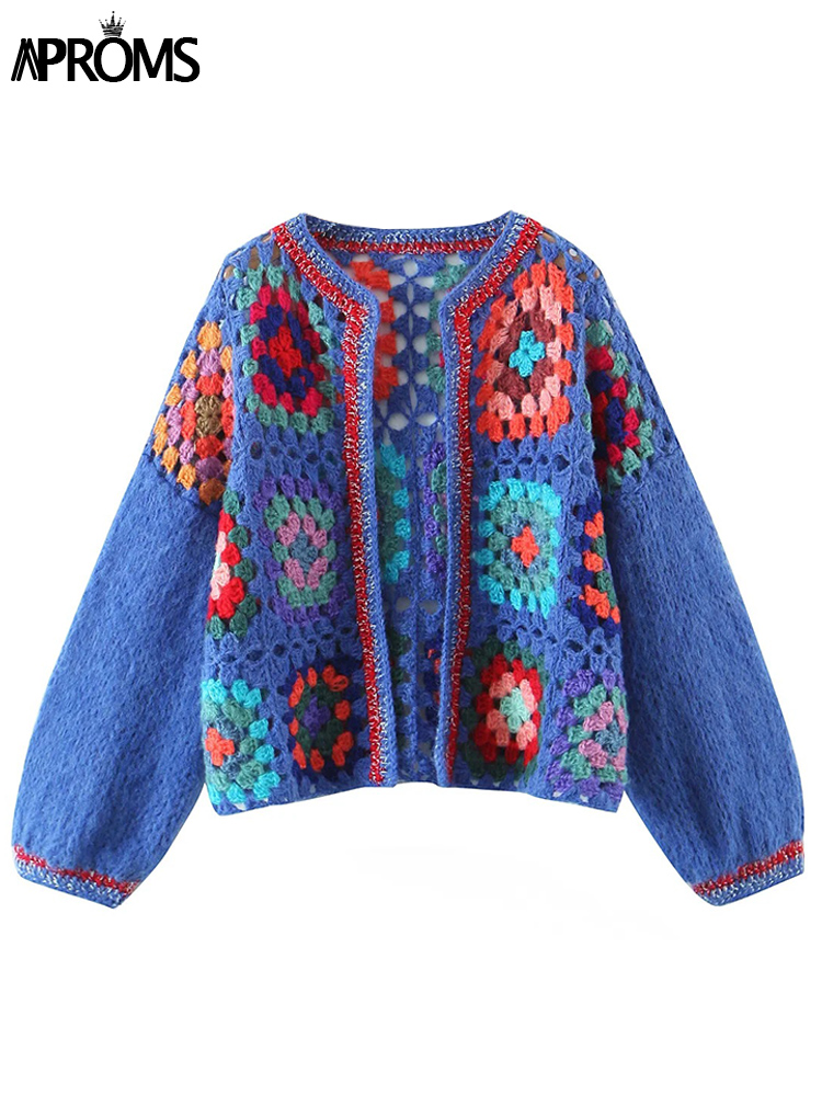 Aproms Soft Handmade Knitted Cropped Cardigans Women Multi Plaid Patchwork Sweaters 2022 Female Long Sleeve Short Knitwear Coats alx