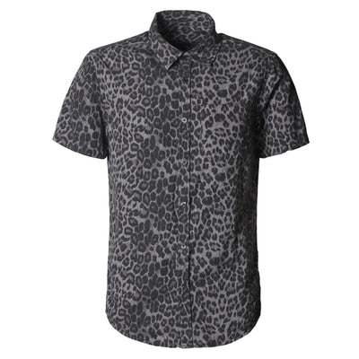 Men Summer Grey Leopard Slim Cotton Printed New European Style Short Sleeve Shirt