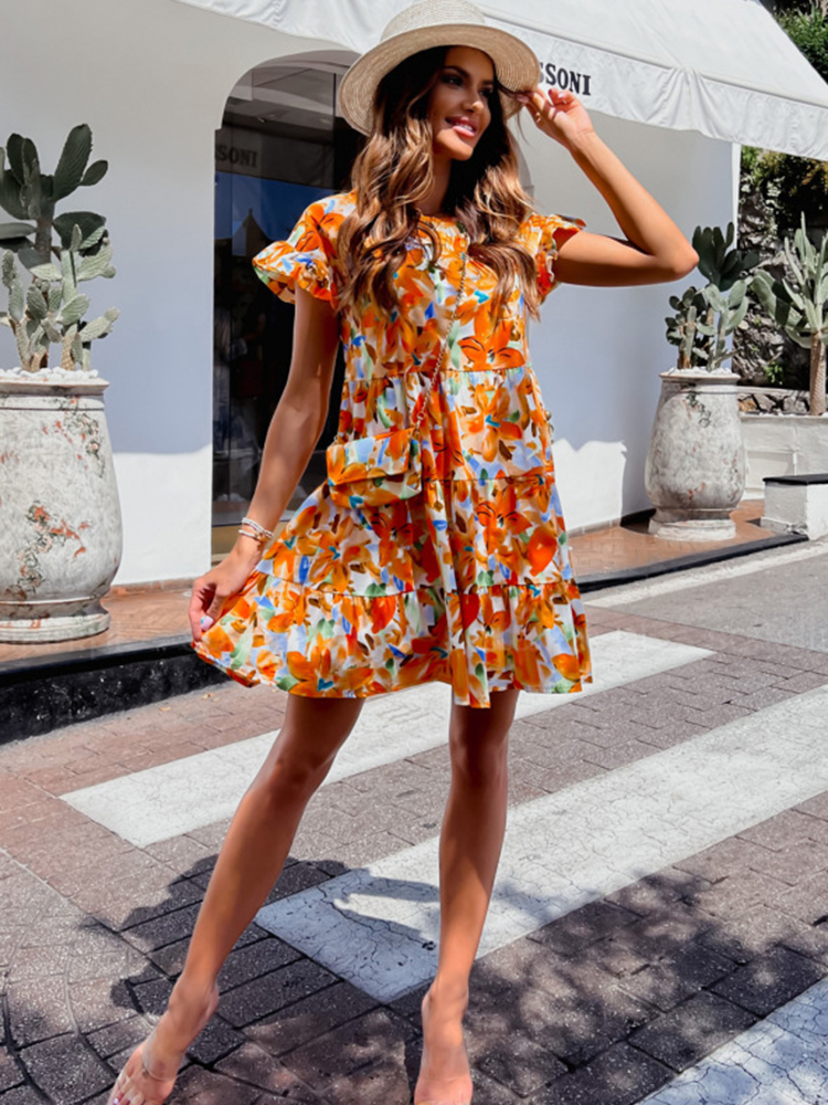 Summer Print A-line Dress Women O-neck Short Sleeve Ruffles Casual Loose Mini Dress 2022 Ladies Holiday Beach Dresses alx