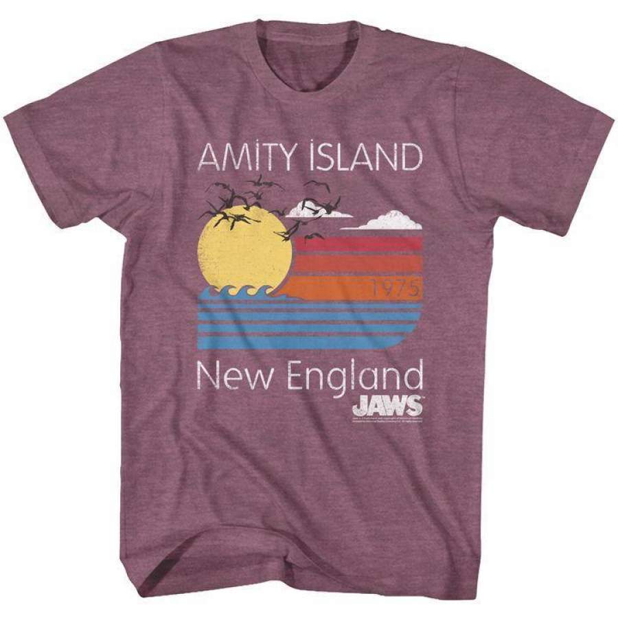 Jaws Sunset Amity Island New England Mens T Shirt Vintage Maroon Heather