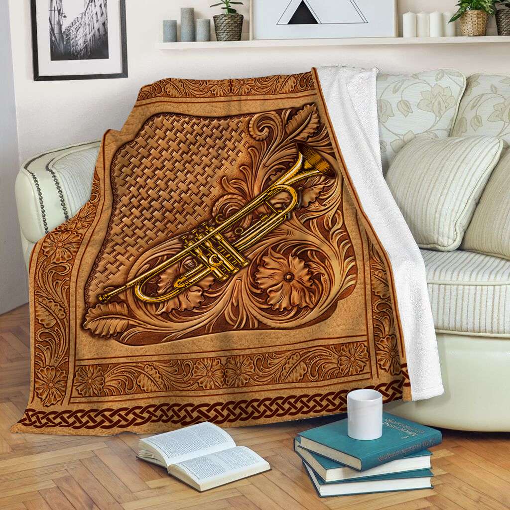 Peckshirt Trumpet Leather Print Embossed Fleece Throw Blanket - Blankets For The Bed - Soft Lightweight Blanket - Print In Your Way