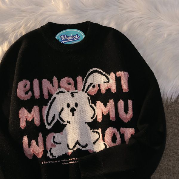 Rabbit Embroidery O Neck Sweater Korean Style Loose Jumpers Women Cartoons Cute Kawaii Pullovers Japanese Knitting Winter Tops alx