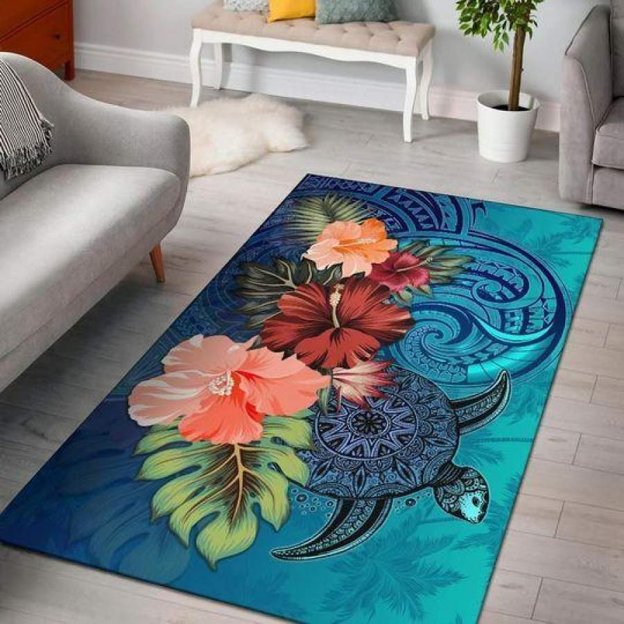 TURTLE POLYNESIAN AREA RUG HIBISCUS POLYNESIAN BLUE