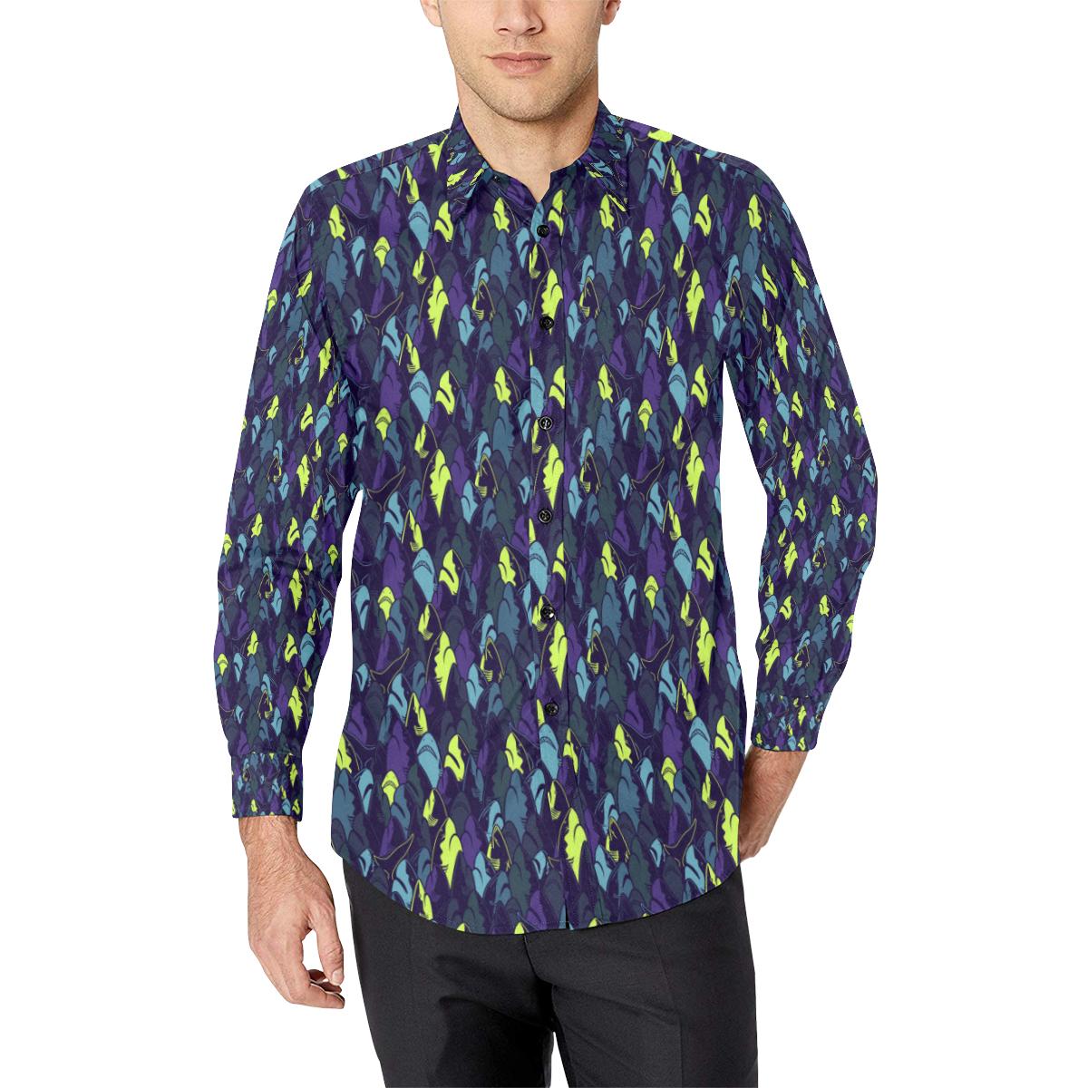 Shark Neon Color Print Long Sleeve Dress Shirt