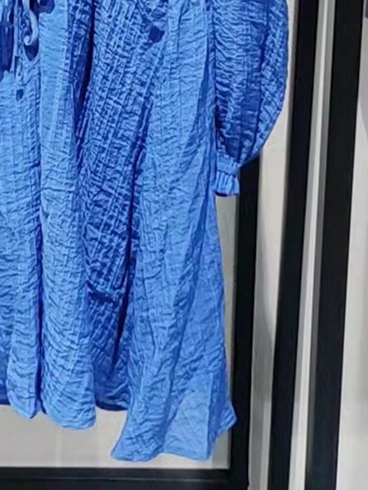 2022 Spring and Summer New Blue V-neck Puff Sleeve Women Dress Elegant Short Dress Women alx