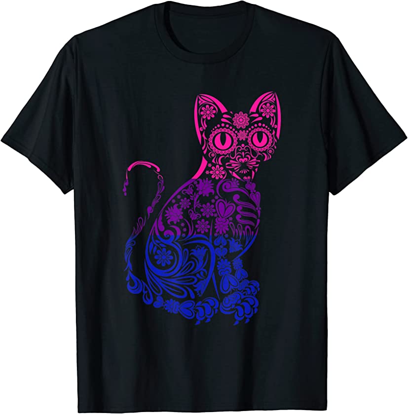 Cat Sugar Skull LGBT-Q Bisexual Pride Bi Flag Color Kitten T-Shirt