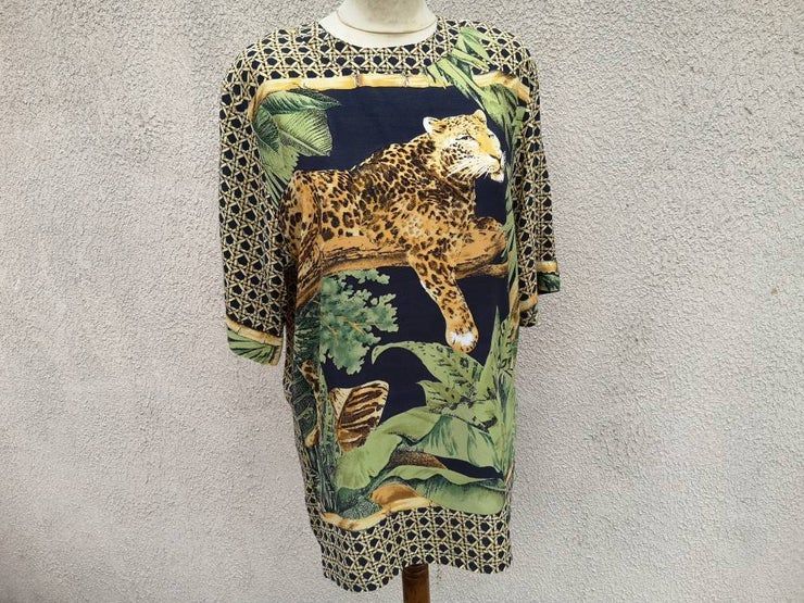 80S 90S Vintage Tropical Tiger Blouse Shirt