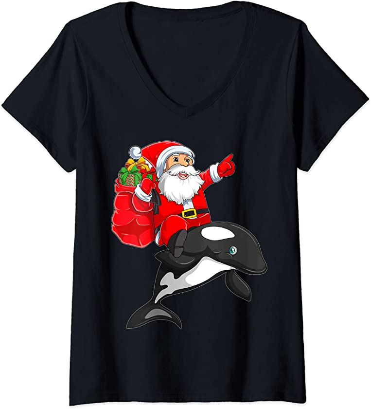 Womens Orca Fish Xmas Squad Funny Santa Riding Orca Christmas V-Neck T-Shirt