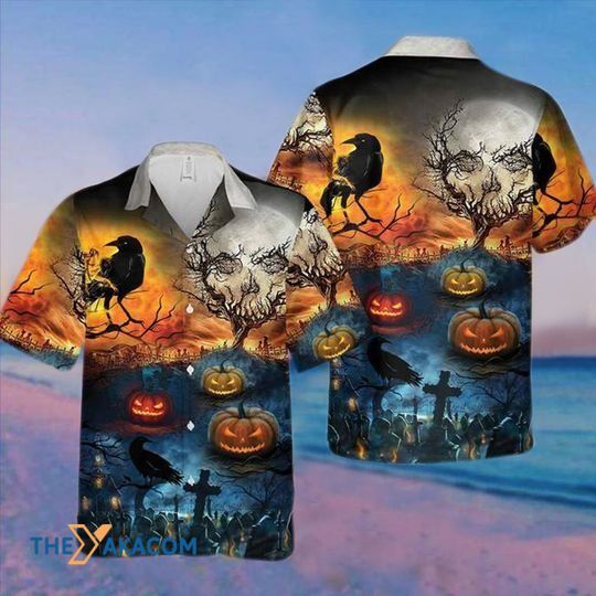 Happy Halloween Pumpkin With Black Raven And Horror Haunting Tree Hawaiian Shirt Ha47929