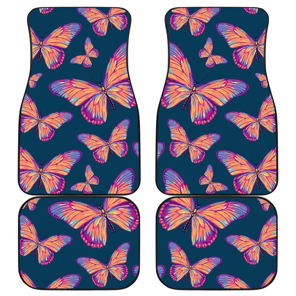 Orange And Purple Butterfly Print Front And Back Car Floor Mats, Front Car Mat