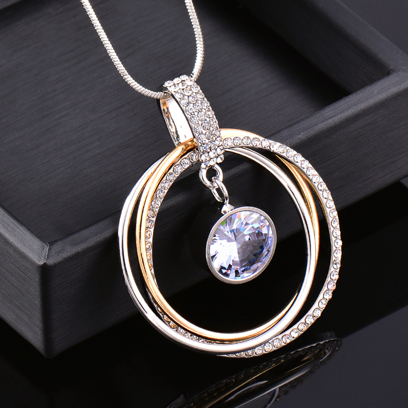 SINLEERY Multilayer Circle Pendant Necklace Silver Color Long Chain Clear Gray Crystal Ball Women Neckalce Jewelry ZD1 SSB alx