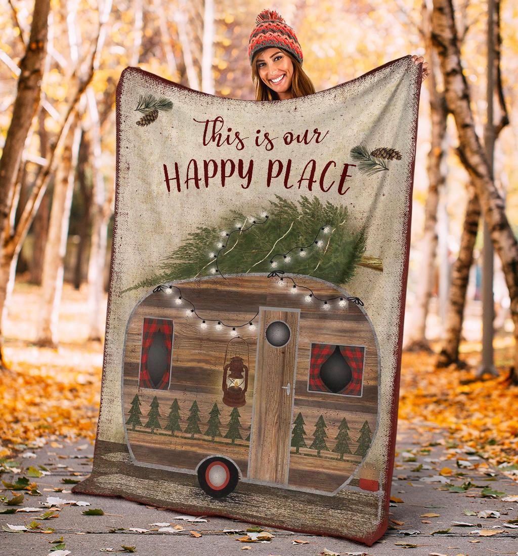 Soft Throw Camping Quotes This Is Our Happy Plac Cozy Gift Fleece Blanket, Sherpa Blanket, Custom Blankets, Picnic Blanket, 3d Print Blanket, Blanket Sofa Bed