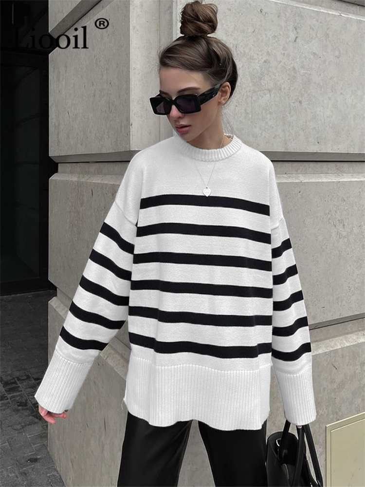 Women Stripe Knit Sweater Pullover Long Sleeve Knitted Tops O Neck Female Jumper Autumn Winter Streetwear White Baggy Sweaters alx