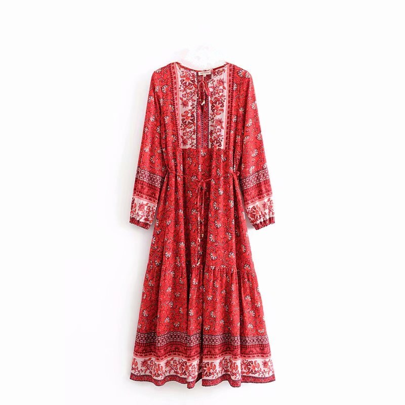 Boho Queens Women Elegant Lace-up Tassel Floral Print Beach Bohemian Maxi Dresses Ladies Rayon Cotton Dress Vestidos alx