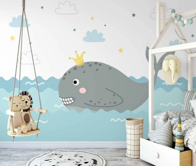 3D Cartoon Blue Ocean Crown Whale Star Cloud Wall Mural Wallpaper Lxl