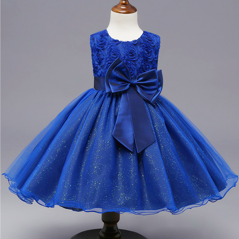 4-10T Kids Girls Elegant Dress for Evening Party Little Girl Dots Tulle Princess Gown Children Clothing Blue Wedding Vestidos alx