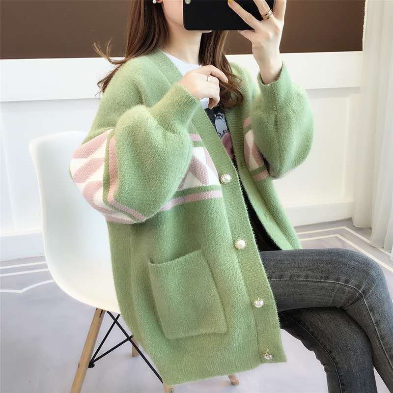 Blue Europe Block Cardigan Long Sleeve Sweater Loose Over Coat Casual Outwear Cloth Girl Jacket V-neck Tops Clothes for Women alx