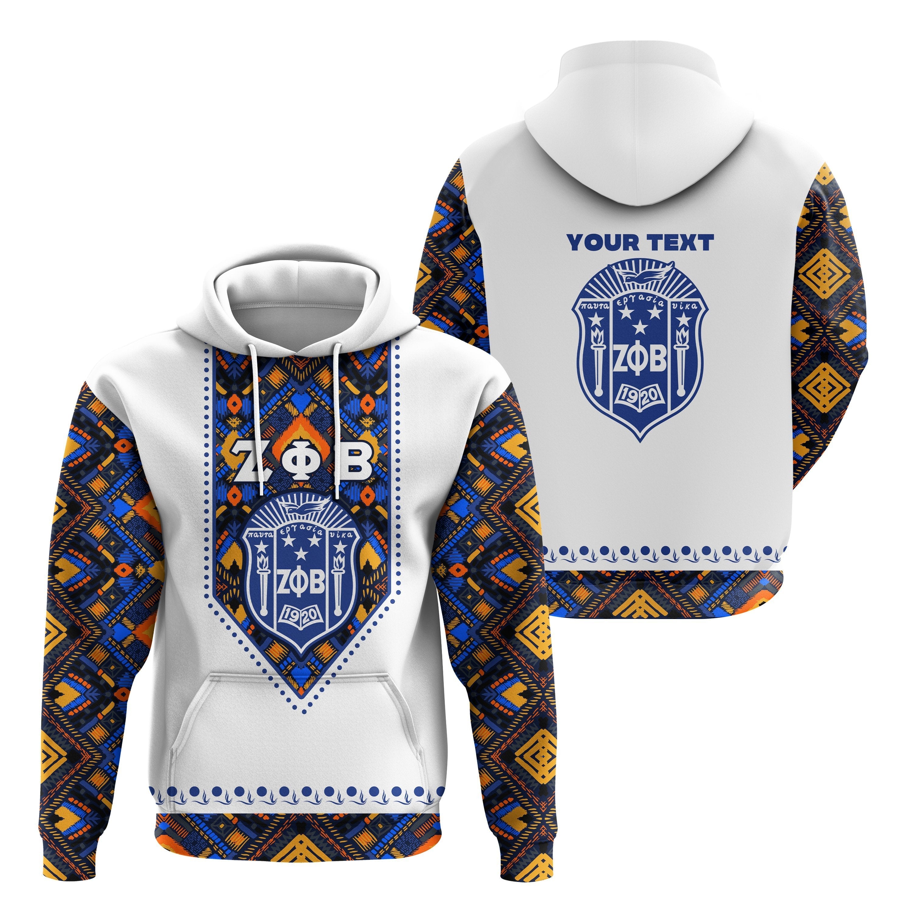 Wonderprint Personalized Hoodie – Zeta Phi Beta African Pattern – White Lt16