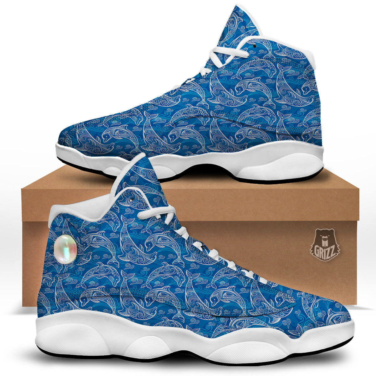 Blue Dolphins Ethnic Print Pattern White Basketball Shoes