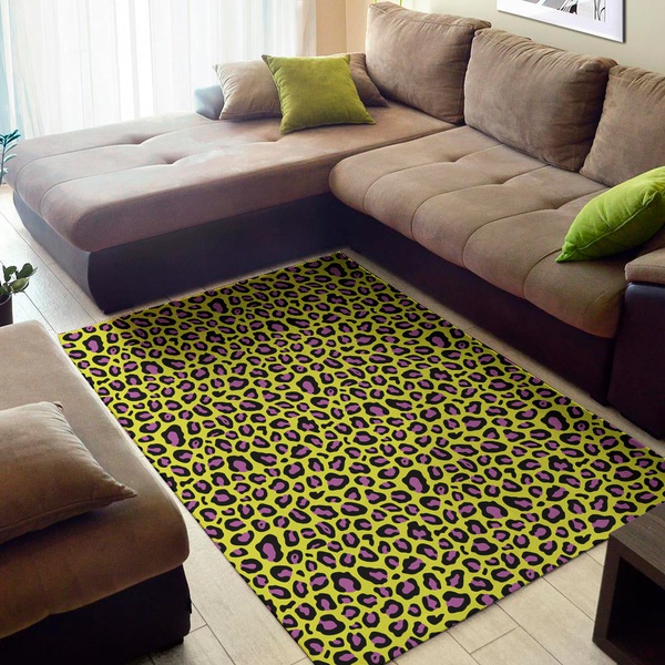 Yellow And Purple Leopard Pattern Print Area Rug